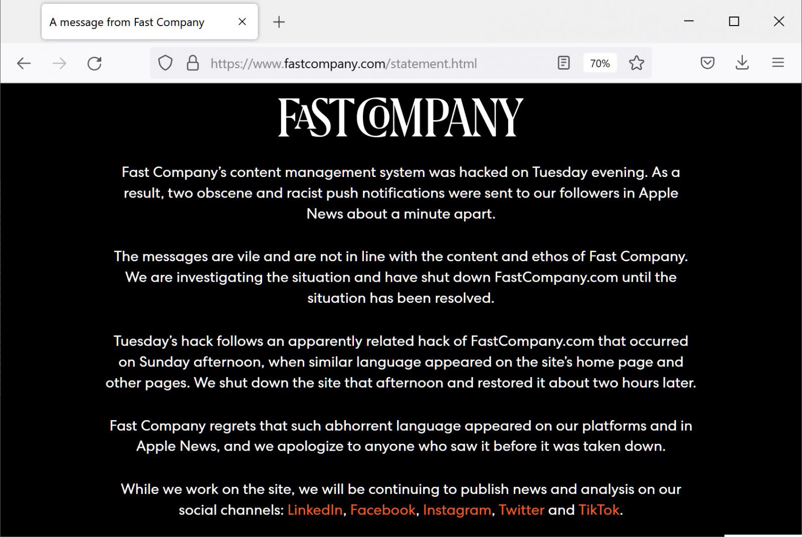 Statement on Fast Company's website