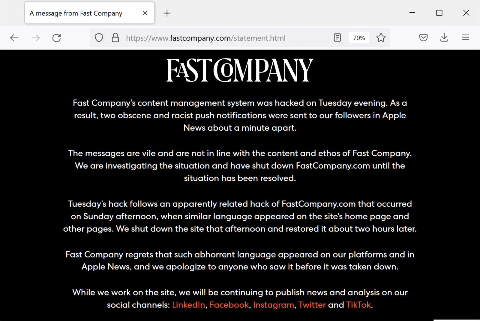 Fast Companyのウェブサイトでの声明