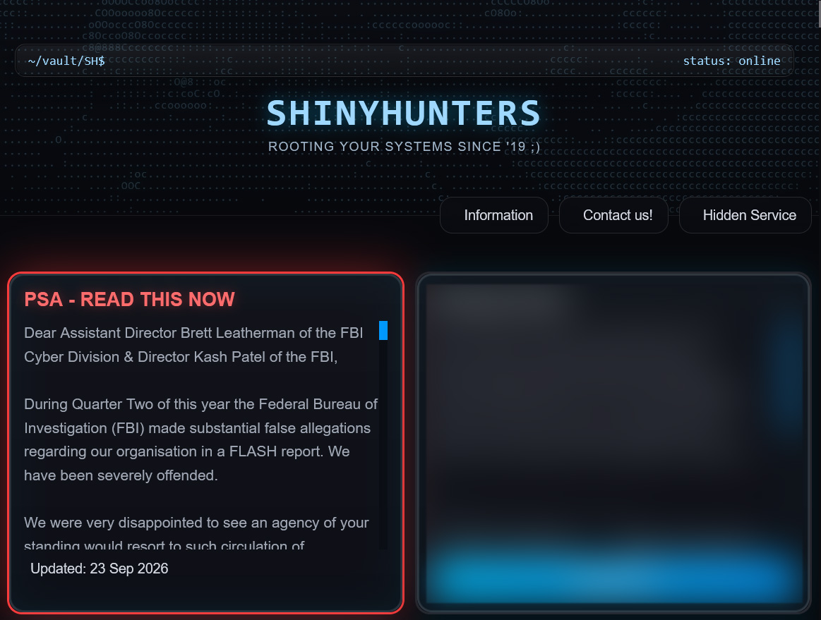 ShinyHunters statement about FBI attack