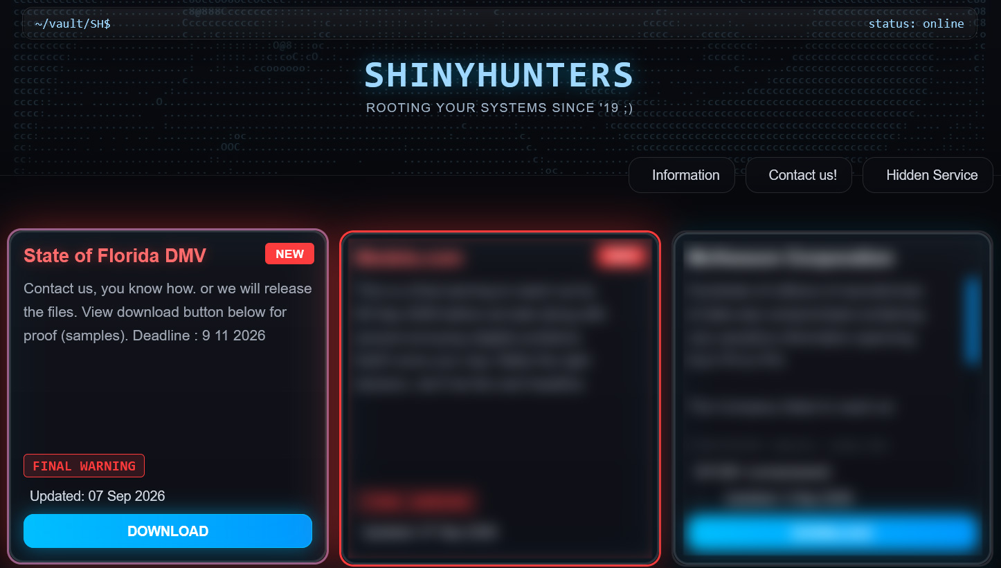 Florida DMV listed on the ShinyHunters data leak site