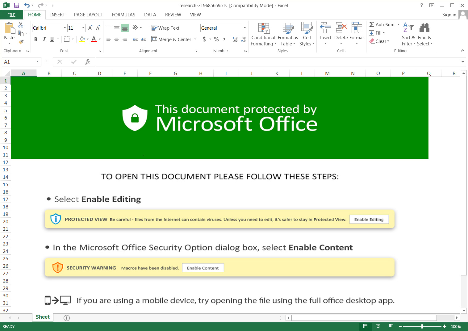 Excel attachment used in phishing campaign