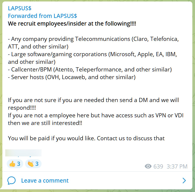 Lapsus$ recruiting corporate insiders