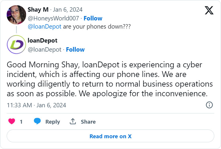 loanDepot's response on X