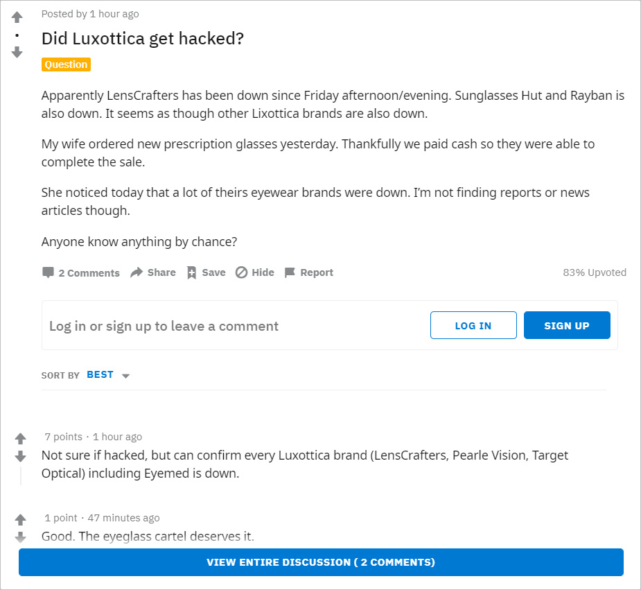 Reddit report of Luxottica sites being down