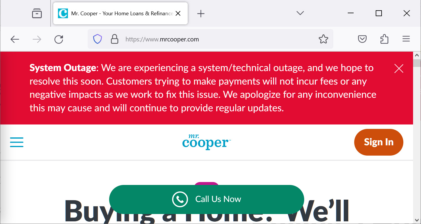 Outage message on Mr. Cooper's website