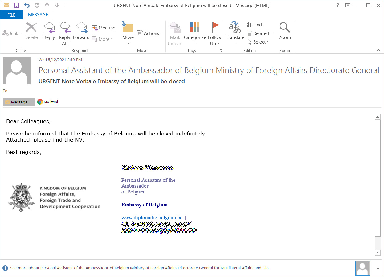 Phishing campaign impersonating the Embassy of Belgium