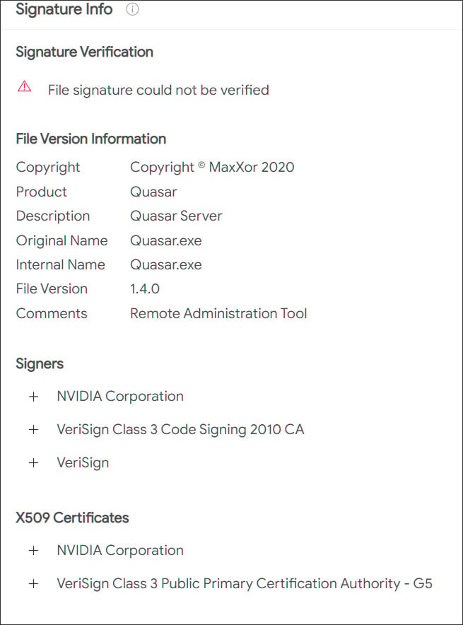Quasar RAT firmado por certificado NVIDIA