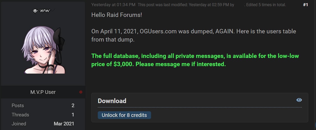 Forum post selling the OGUsers database