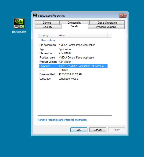 Backup.exe backdoor disguised as a Nvidia Control Panel