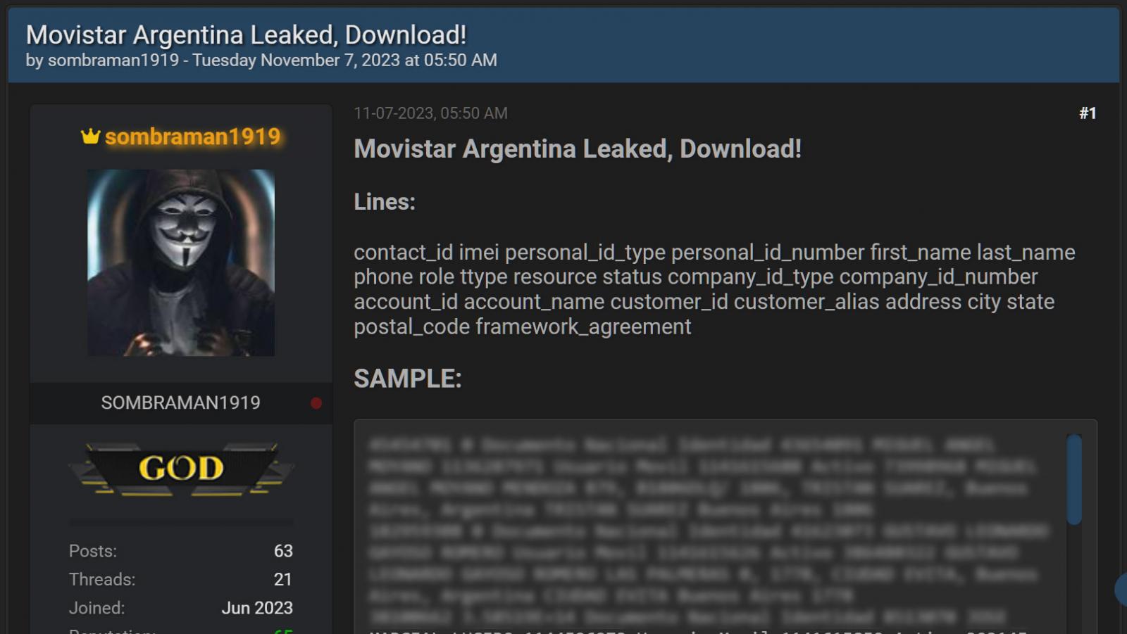 Stolen Movistar data for Argentinians leaked on a hacking forum