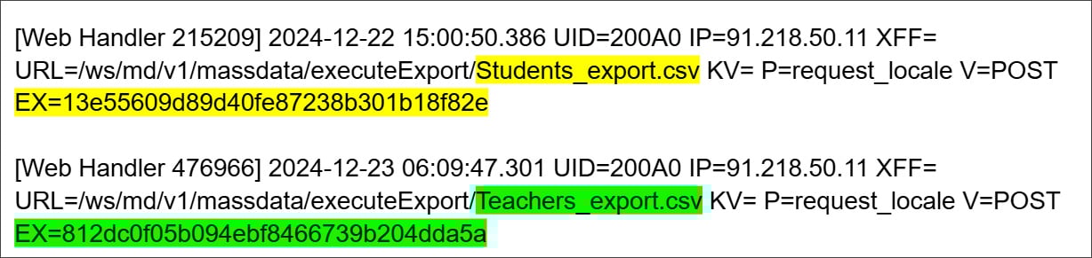 ogs showing data exfiltration by the attacker at the 91.218.50.11 ip address
