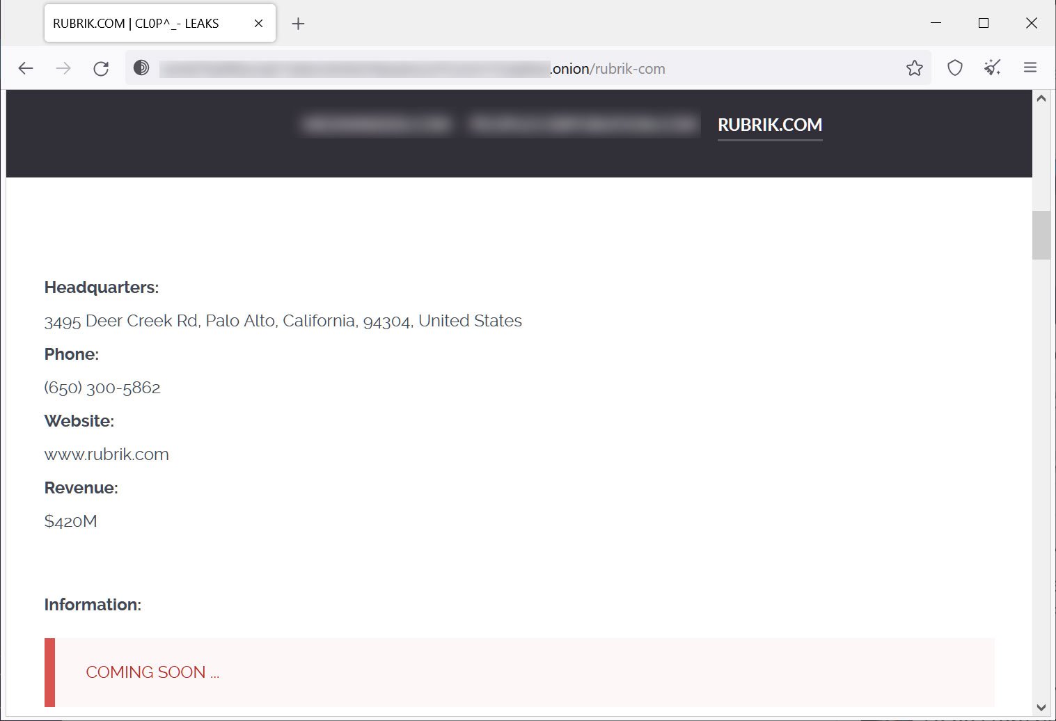 Rubrik は Clop ランサムウェア データ漏洩サイトにリストされています
