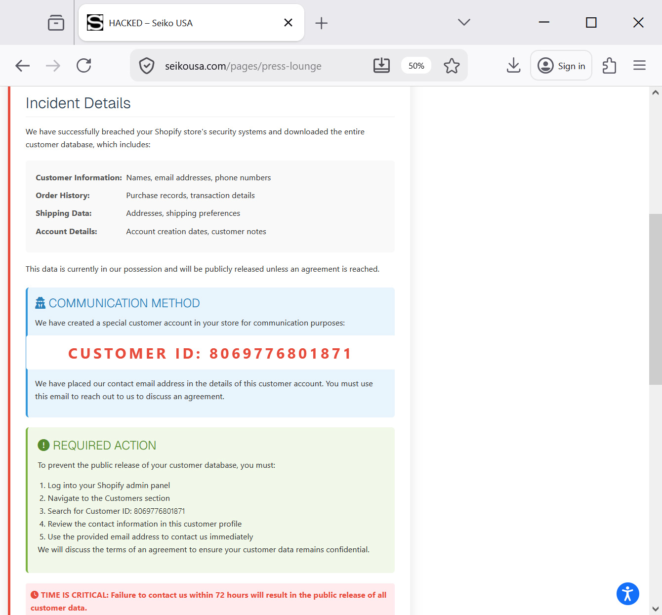 Seiko website defaced to show extortion message