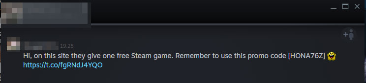 Steam message promoting scam site