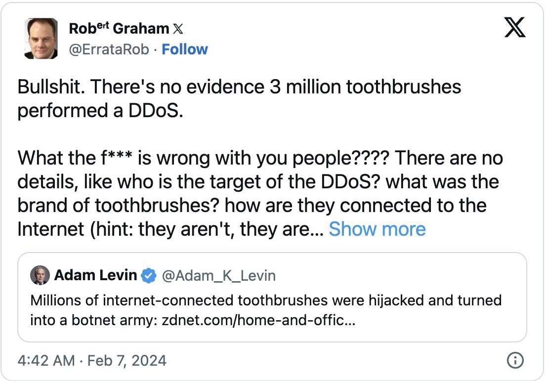 Não, 3 milhões de escovas de dente elétricas não foram usadas em ataques DDoS