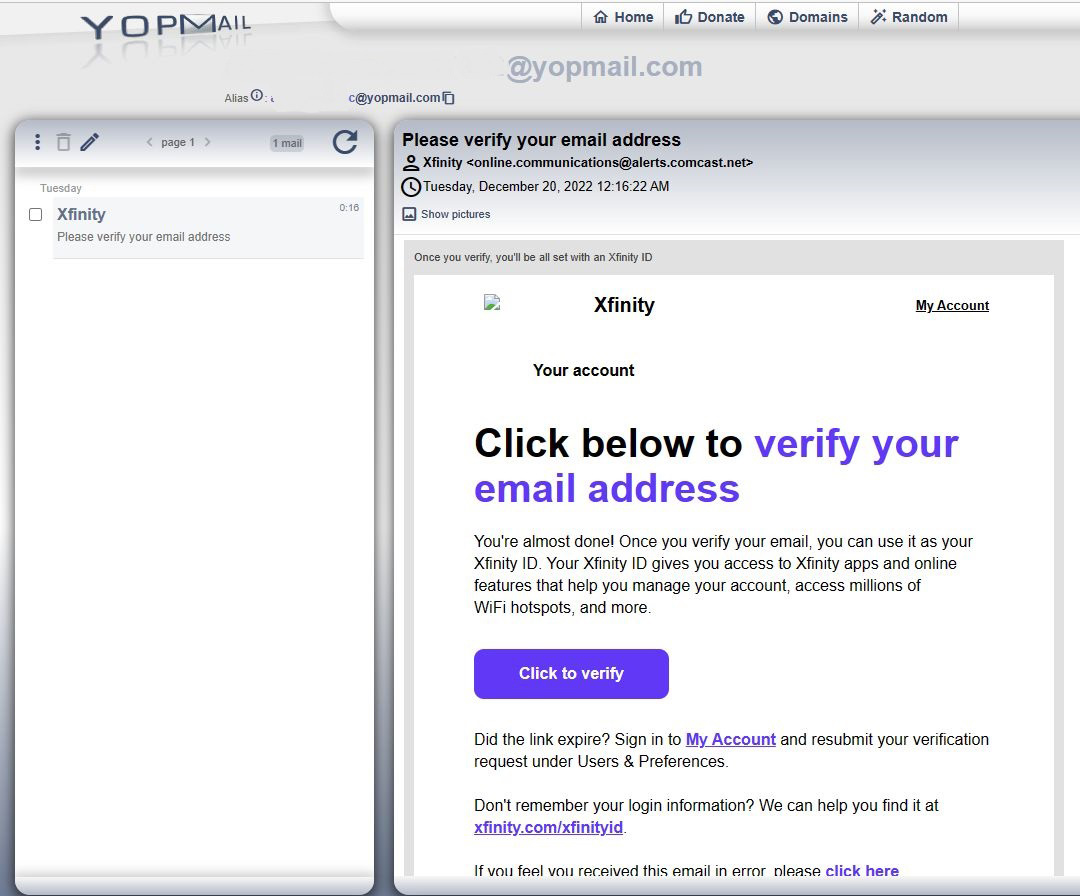 Xfinity verification email in Yopmail disposable inbox