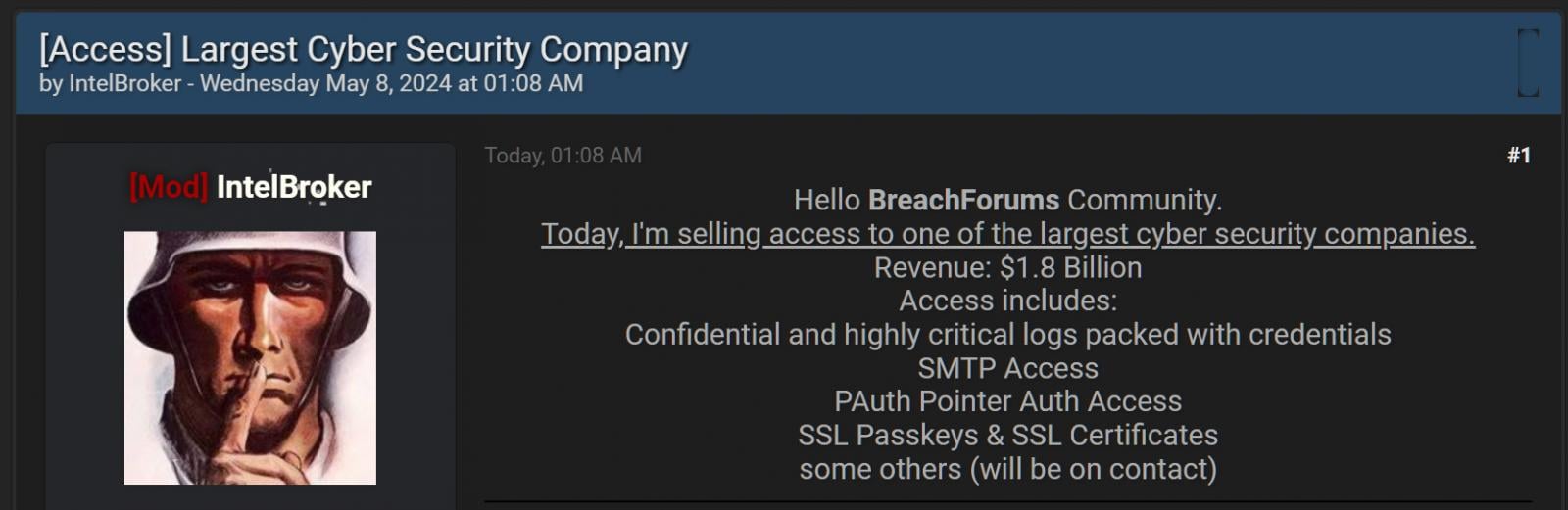 IntelBroker's forum post on Breached Forums