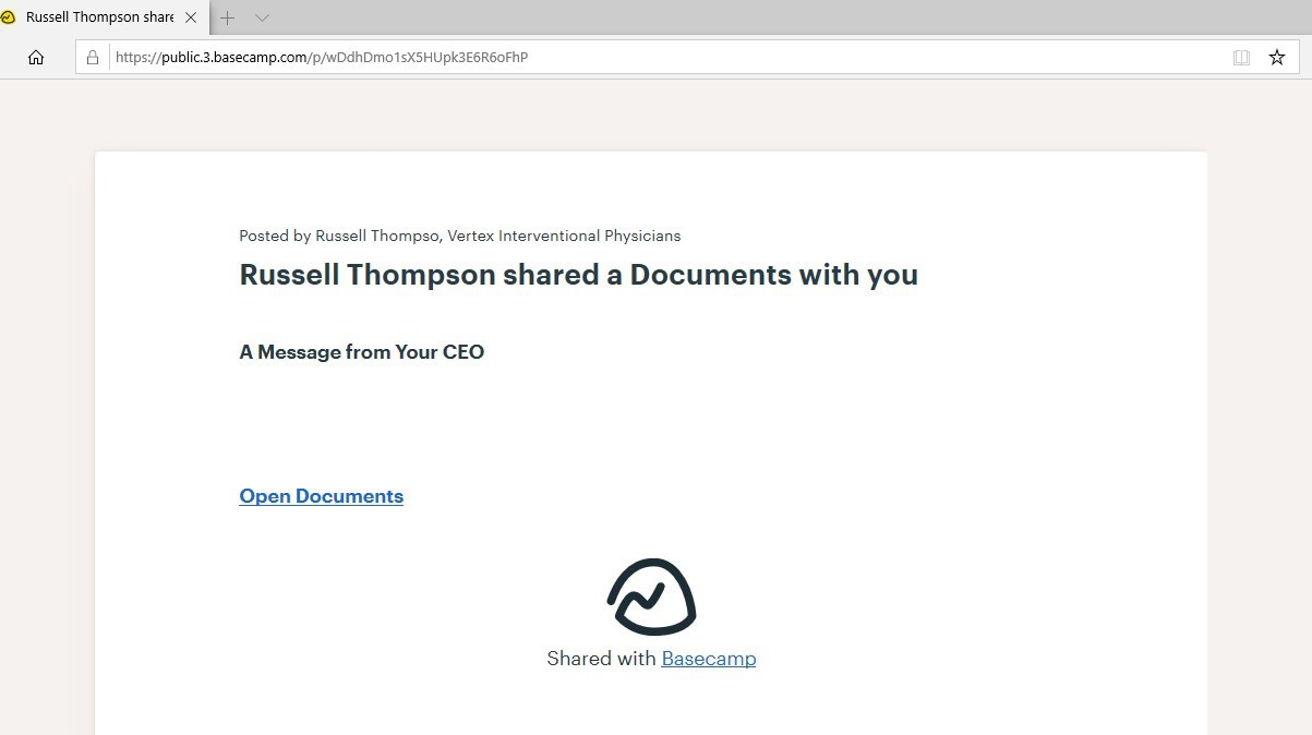 Phishing intermediary page hosted on Basecamp
