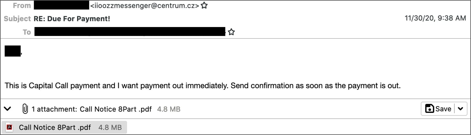 BEC email with fake capital call notice