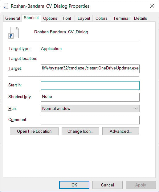 Windows shortcut disguised as CV to launch a program