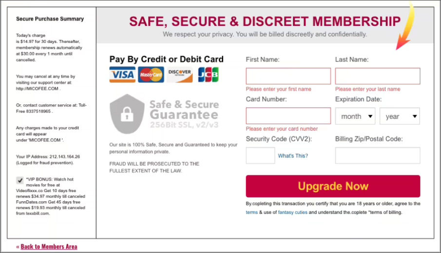 Payment webpage on one of the fake sites
