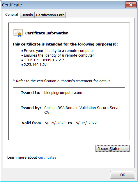 Certificado TLS de BleepingComputer