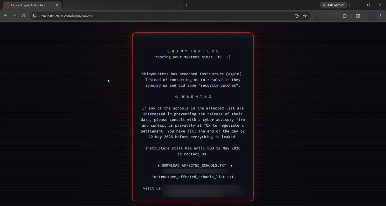 Defaced University of Texas San Antonio Canvas login page