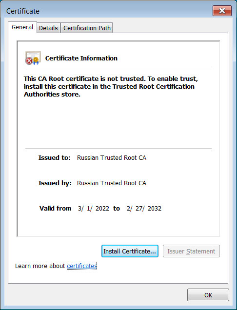 Certificado de CA raíz de confianza ruso