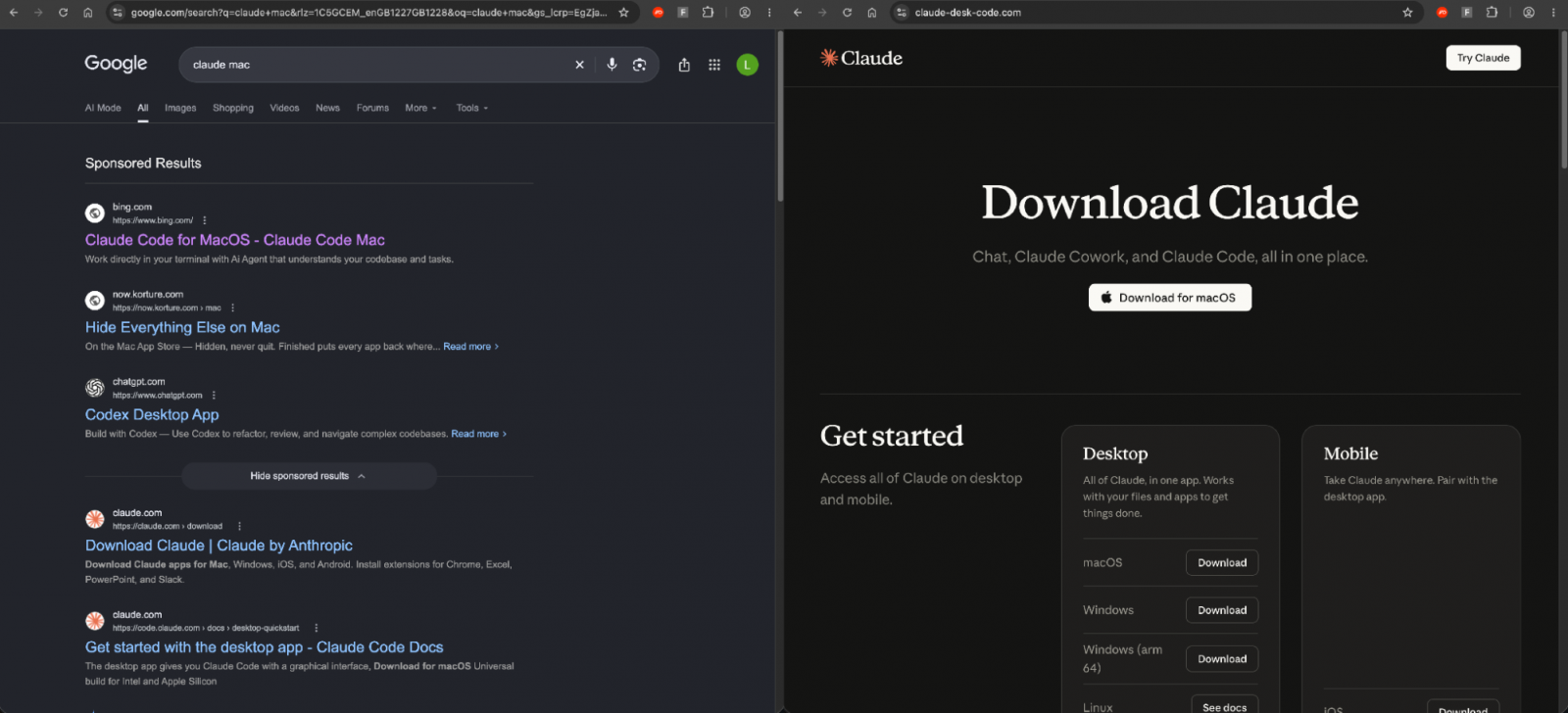 Google search ad ultimately redirecting to a fake Claude download page