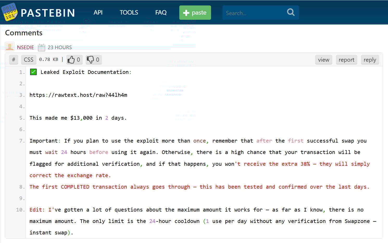 Phishing comment on Pastebin