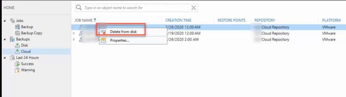 Deleting a cloud backup in Veeam