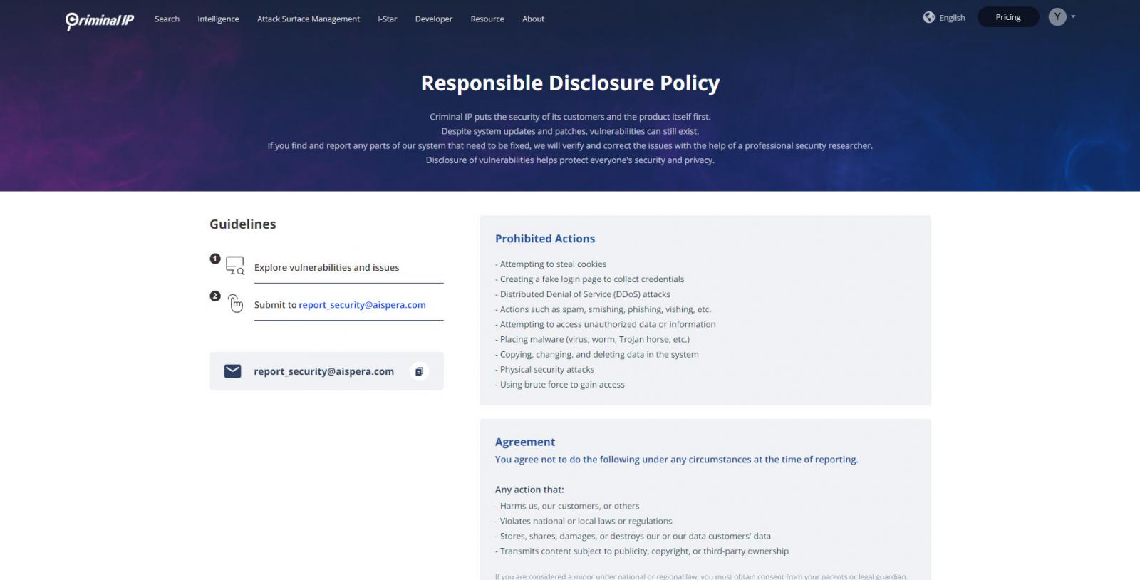 Responsible Disclosure Policy Page of Criminal IP’s Bug Bounty Program