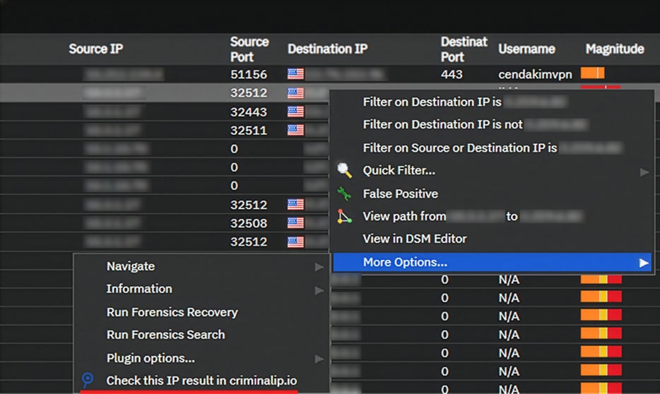 IBM QRadar SIEM-এর মধ্যে ইন্টিগ্রেটেড ক্রিমিনাল আইপি লুকআপ বিশ্লেষকদের ট্রাফিক লগ থেকে সরাসরি সন্দেহজনক আইপি তদন্ত করতে সক্ষম করে।