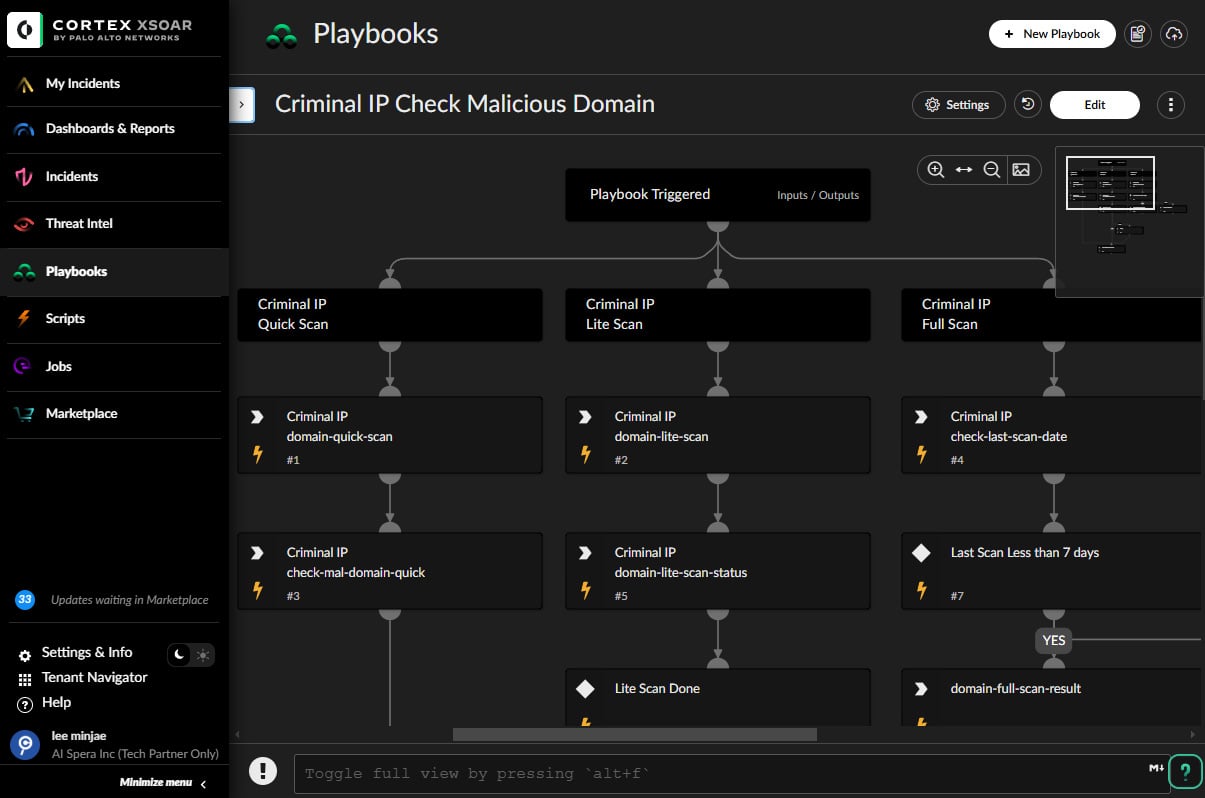 Automated playbook example — detecting malicious domains using the three-step scan in the integrated API of Criminal IP and Palo Alto Networks Cortex XSOAR