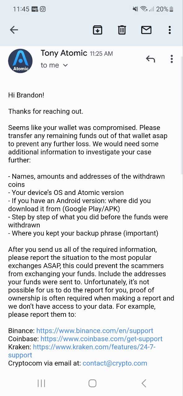 Email from Atomic Wallet regarding compromise