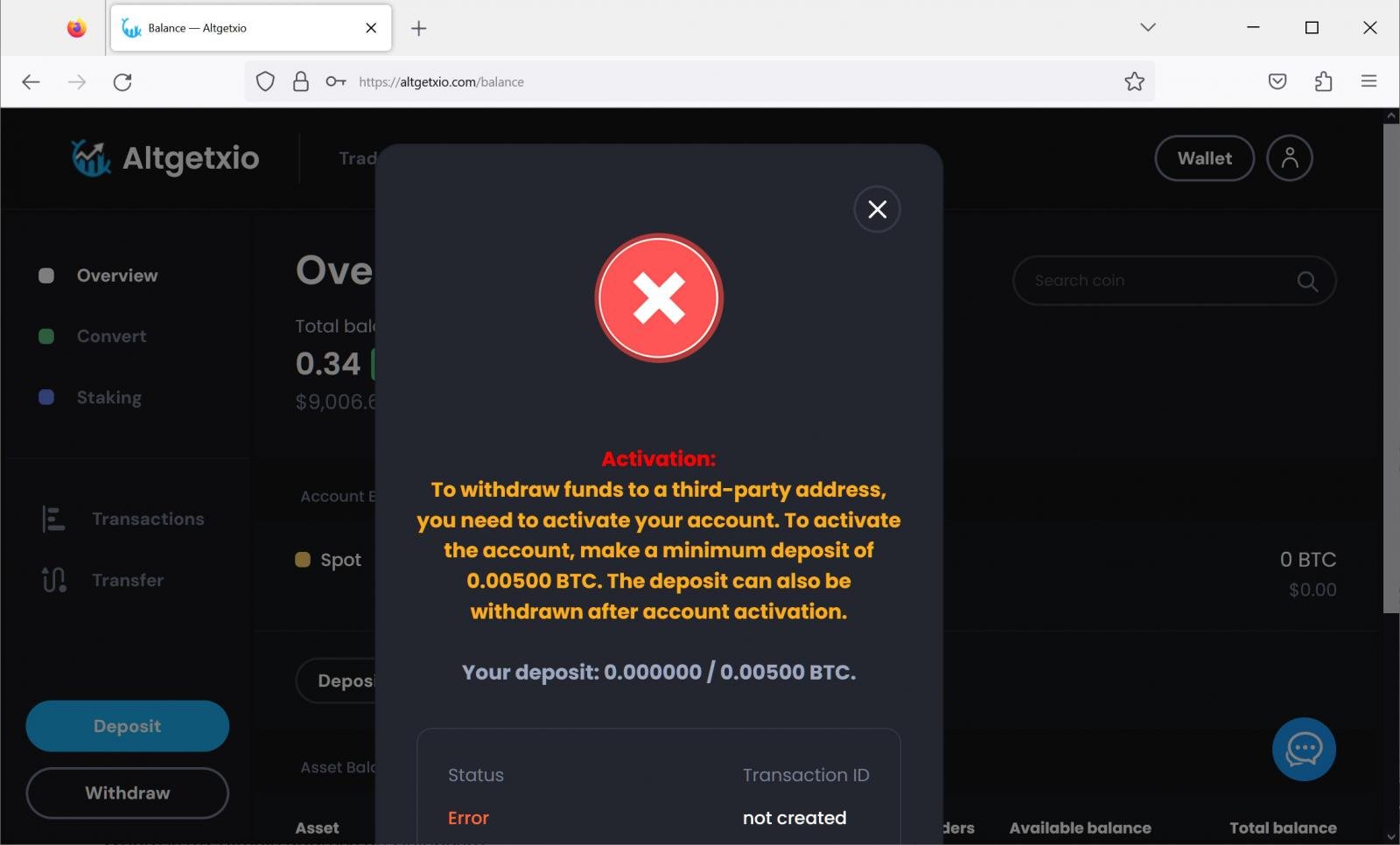 Scam site requires .005 bitcoin deposit to activate the account