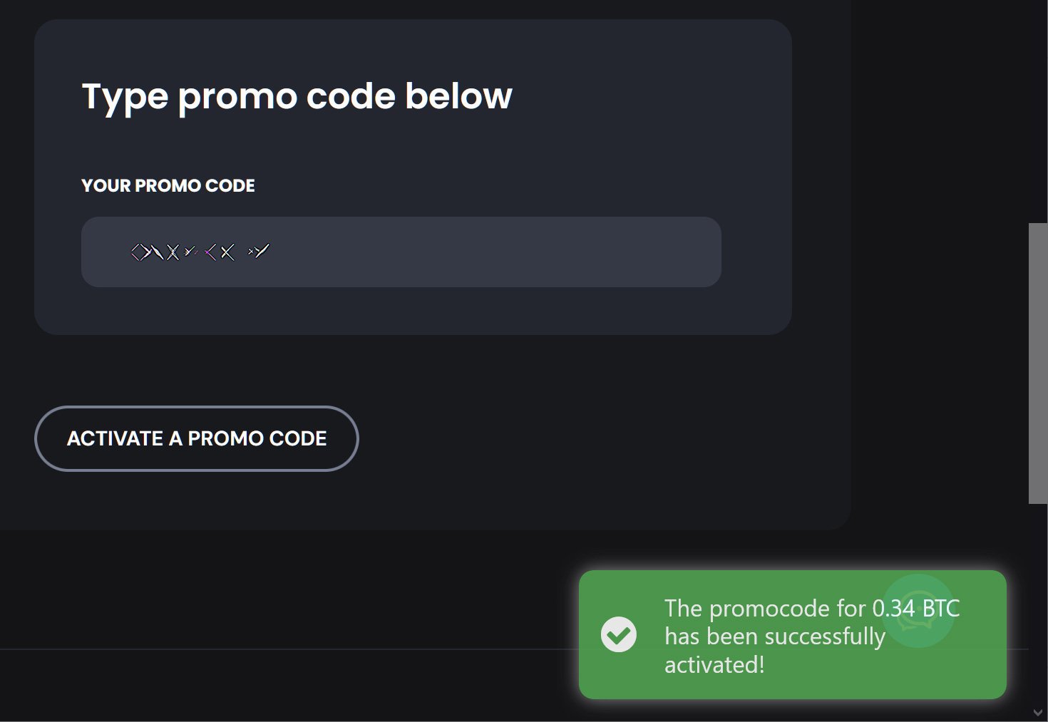 Promo code allegedly adding 0.34 BTC to a wallet