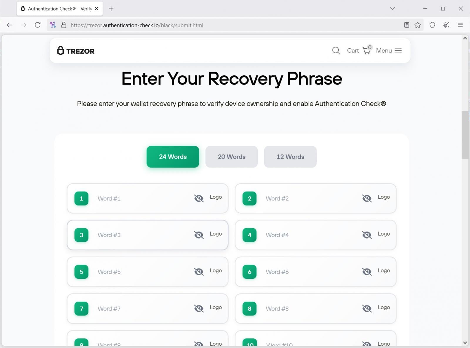Phishing site attempting to steal recovery phrase