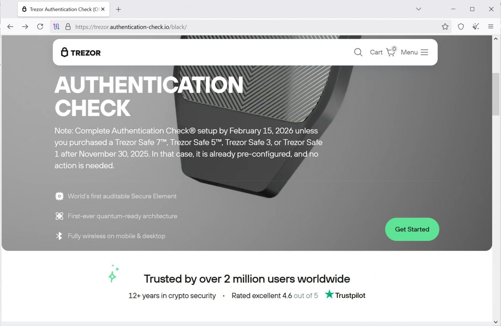 Trezor phishing site "Authentication Check" landing page