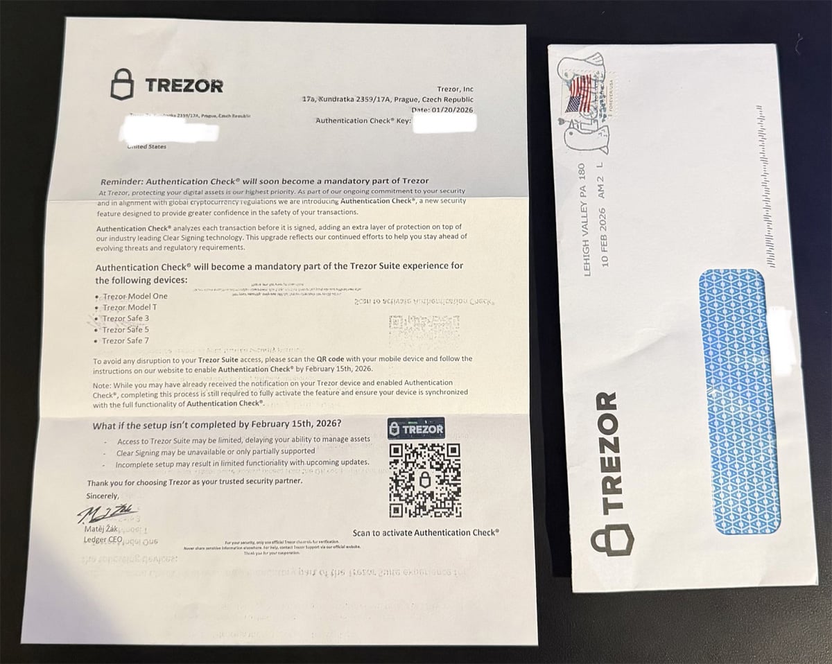 Physical phishing letter sent to Trezor users