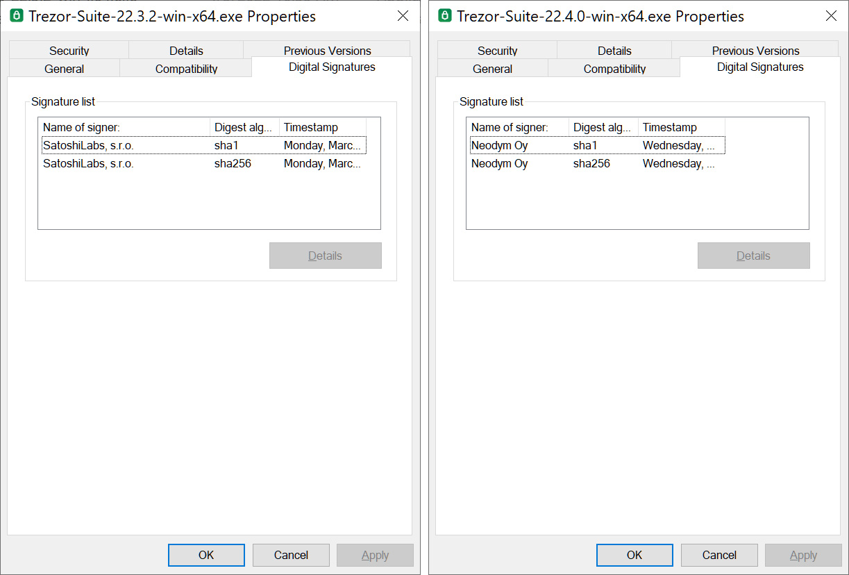 Comparison of digital signatures for fake and legitimate Trezor Suite downloads