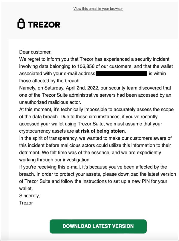 Fake data breach notification from Trezor