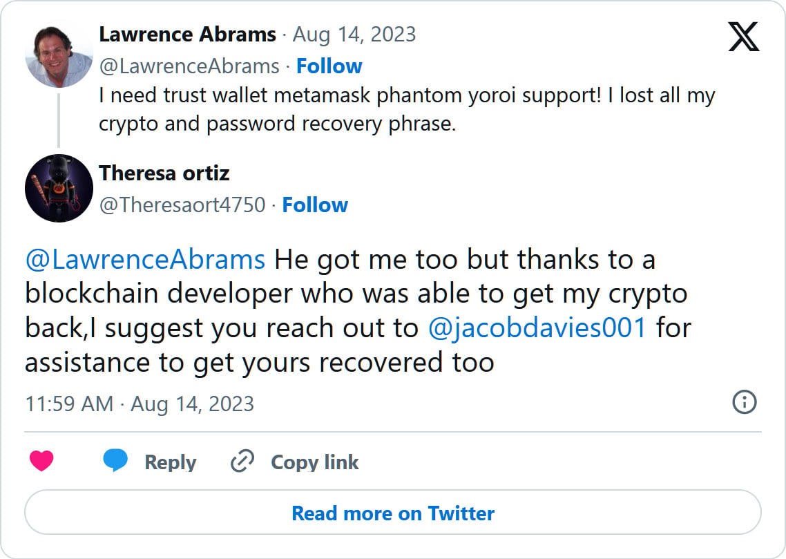 Twitter bot pushing cryptocurrency recovery scam