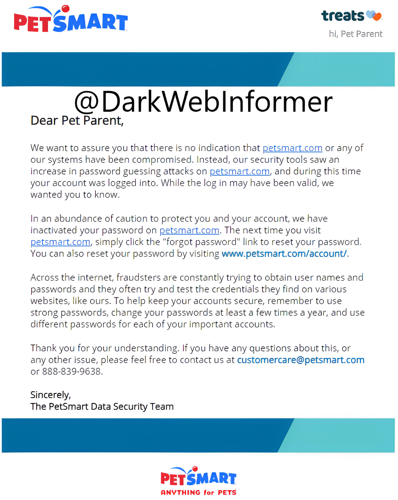 PetSmart email about credential stuffing attack
