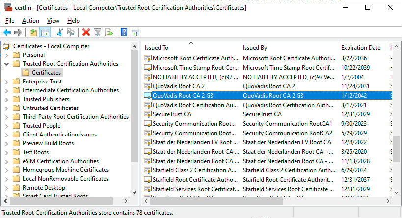 Trusted Quovadis Root CA2 G3 Certificate in Windows