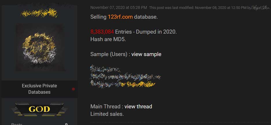 123RF database sold on a hacker forum
