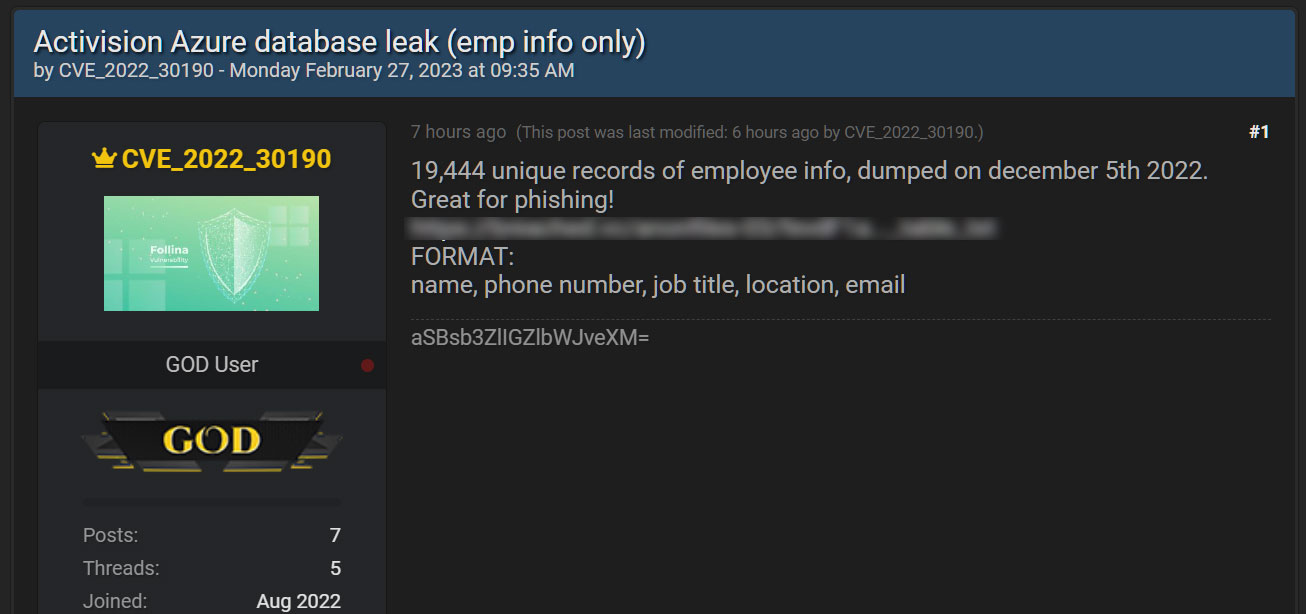 Data leak post on hacking forums