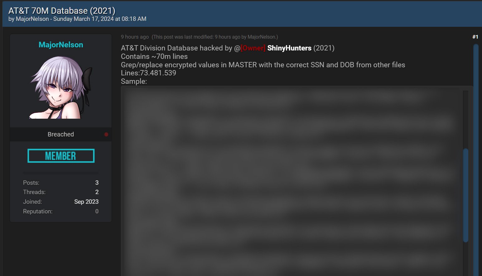 Post on hacking forum leaking alleged AT&T data from 2021 breach
