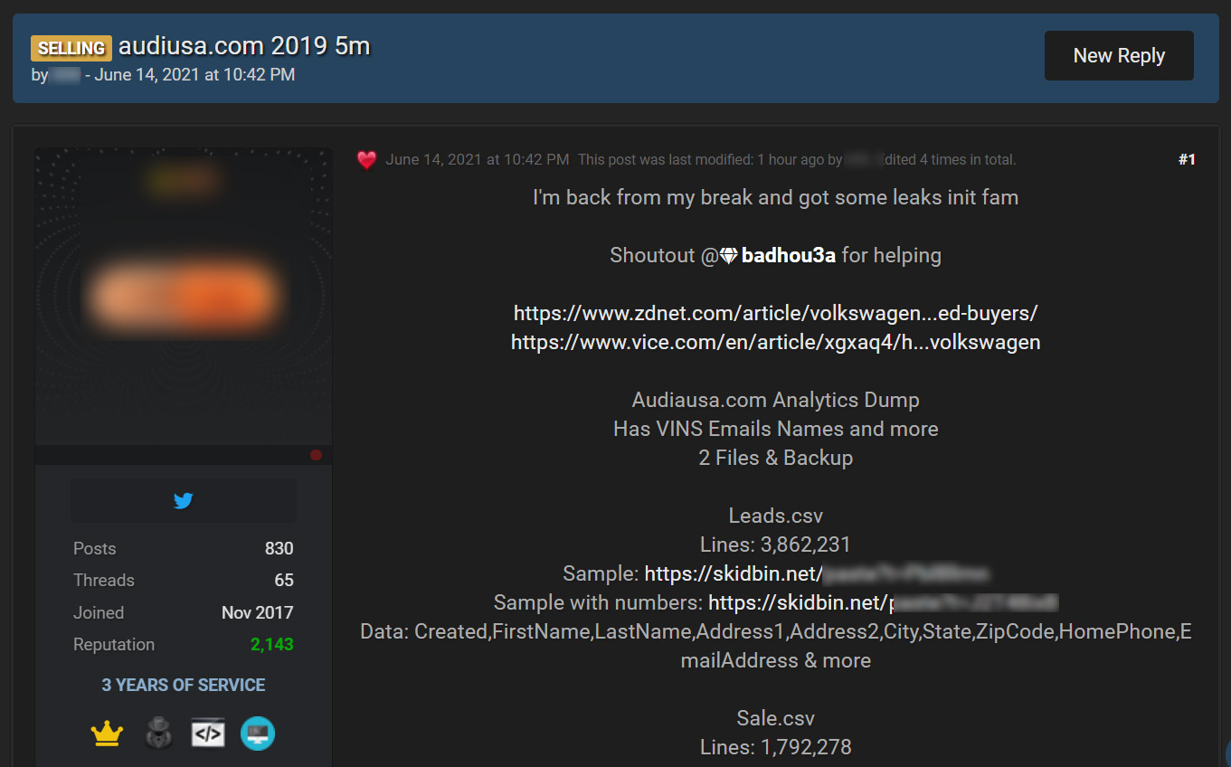 Audi data for sale on a hacking forum
